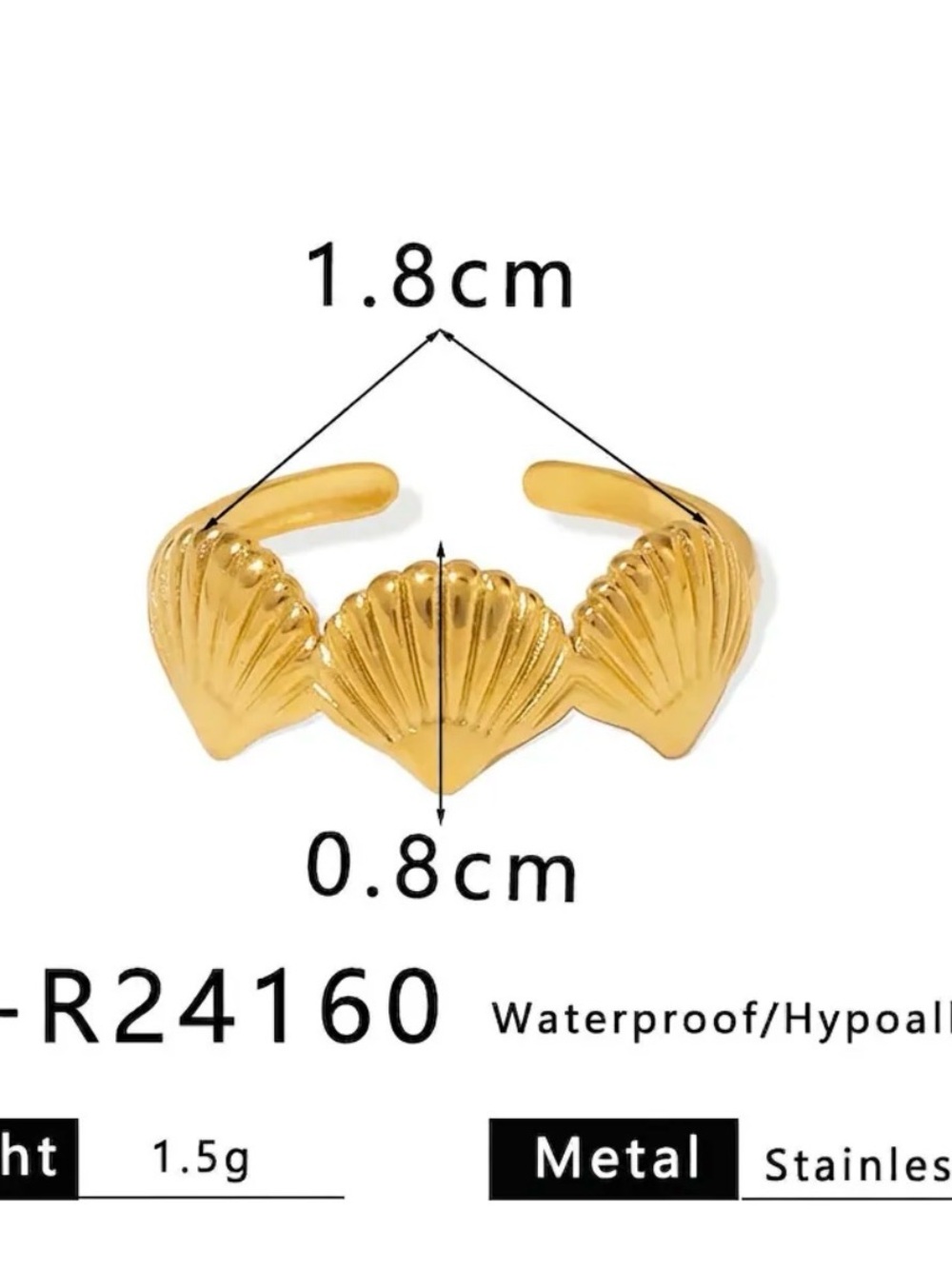 18k Gold plated Shell Adjustable Ring - Women Jewelry